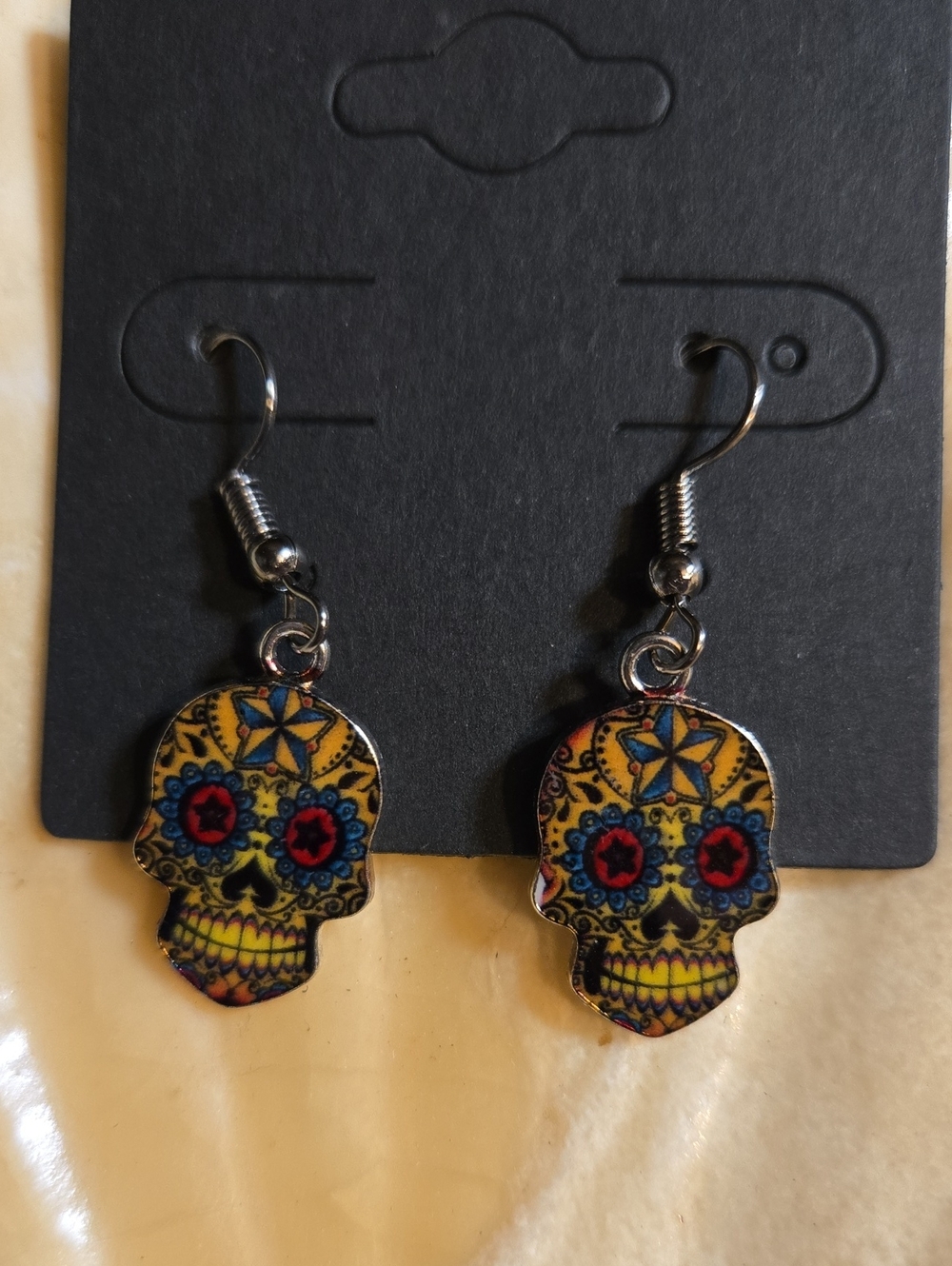 Yellow Sugar Skull Dangle Earrings with Red & Blue Accents